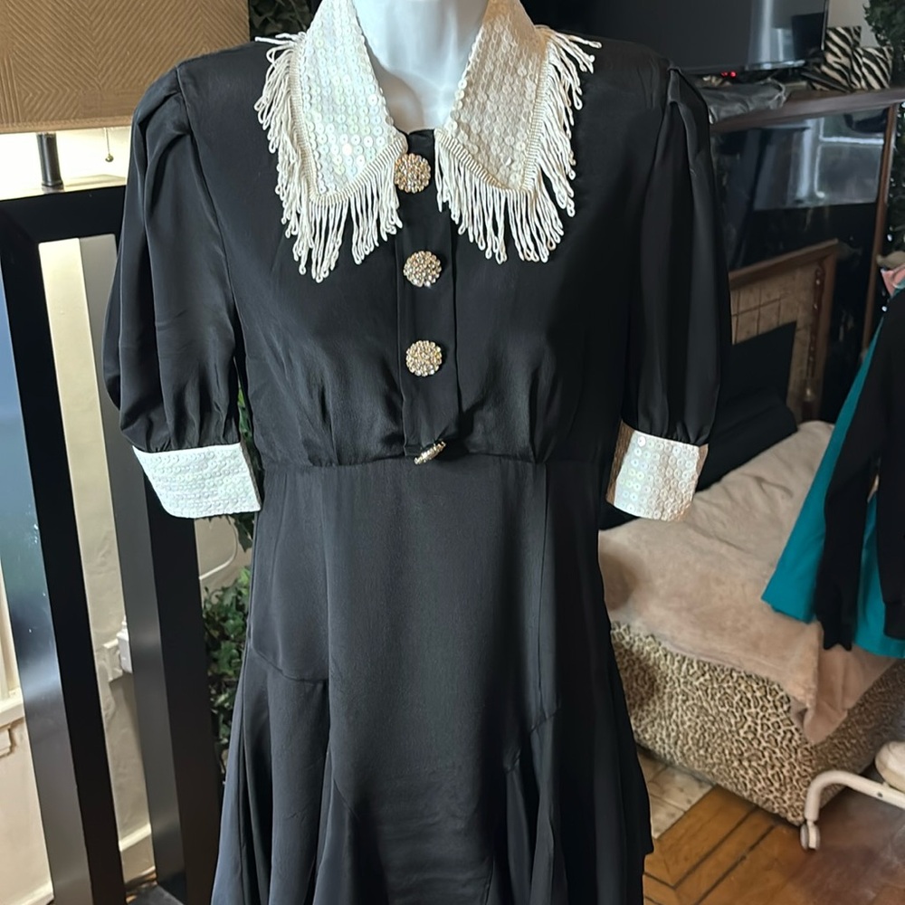 Alessandra Rich Embellished Silk- crepe mini dress in black, size large.